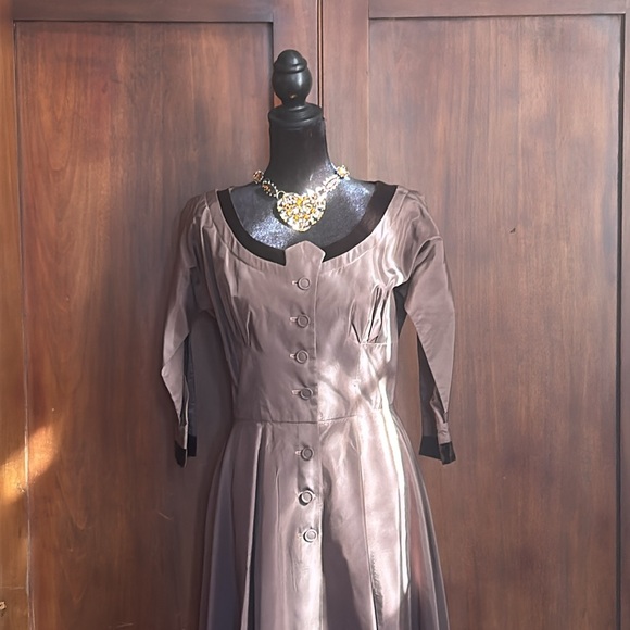 50s 60s Art Deco Brown Party Dress S/M - Picture 10 of 11